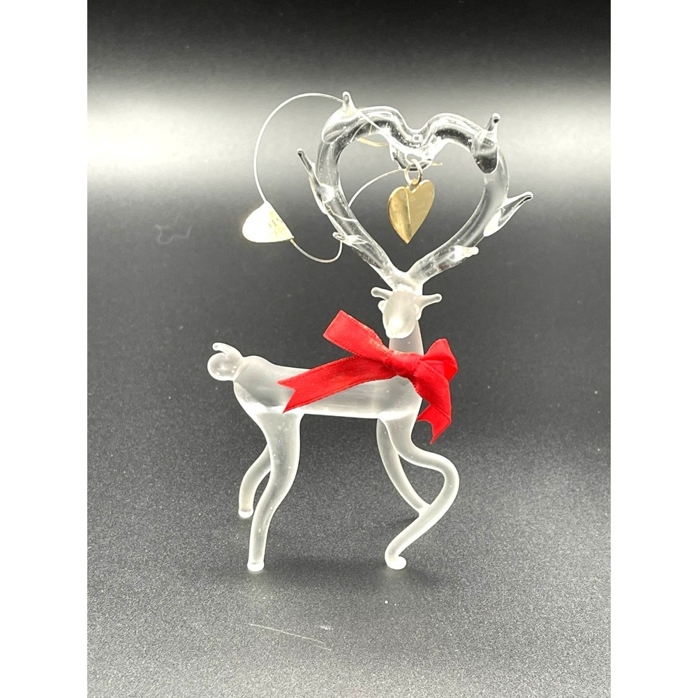 R.O.C. Taiwan Frosted Glass Ornament Deer W/ Bow Heart Antlers Metal Heart 4.5"